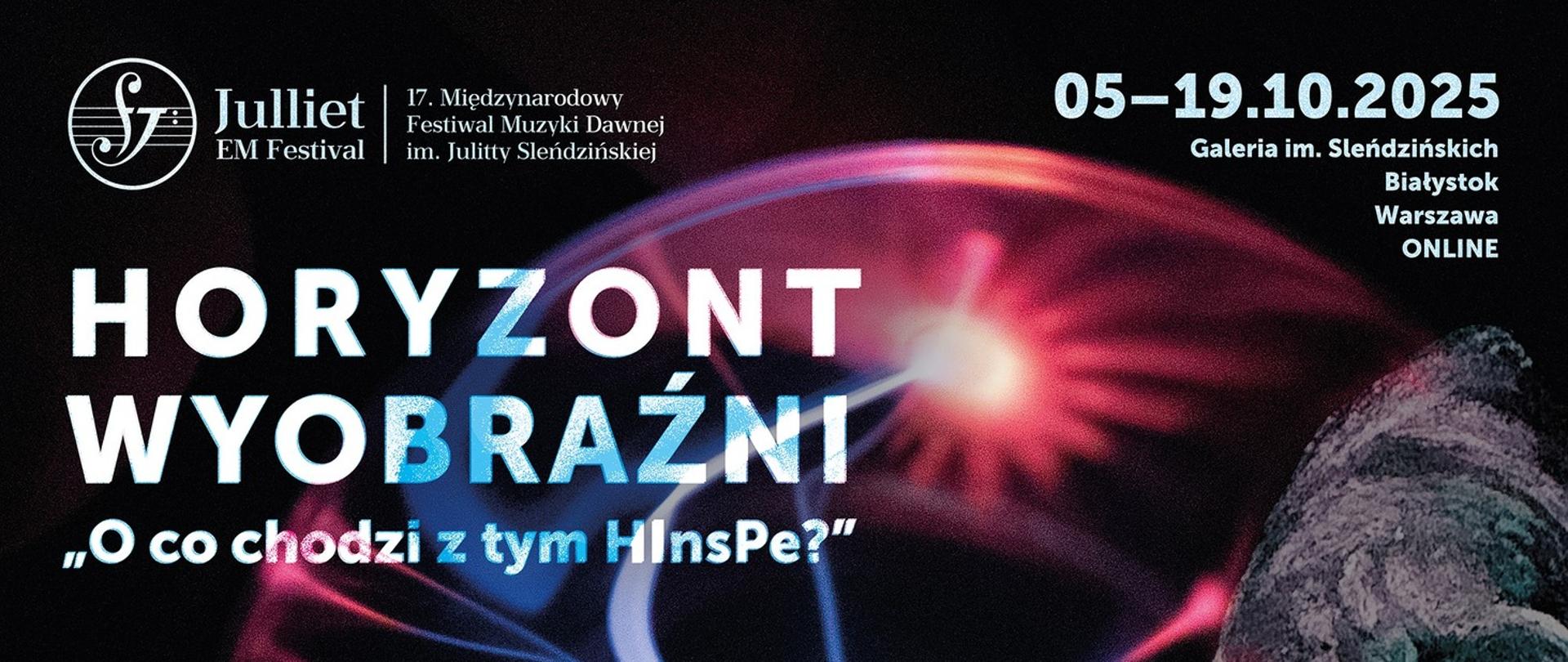 plakat reklamujący projekt "Horyzont wyobraźni - O co chodzi z tym HInsPe?", nowoczesny plakat w ciemnej kolorystyce, opisujacy daty wydarzeń związanych z projektem od 5do 19 października 2025, wraz z kodami qr do wydarzeń.