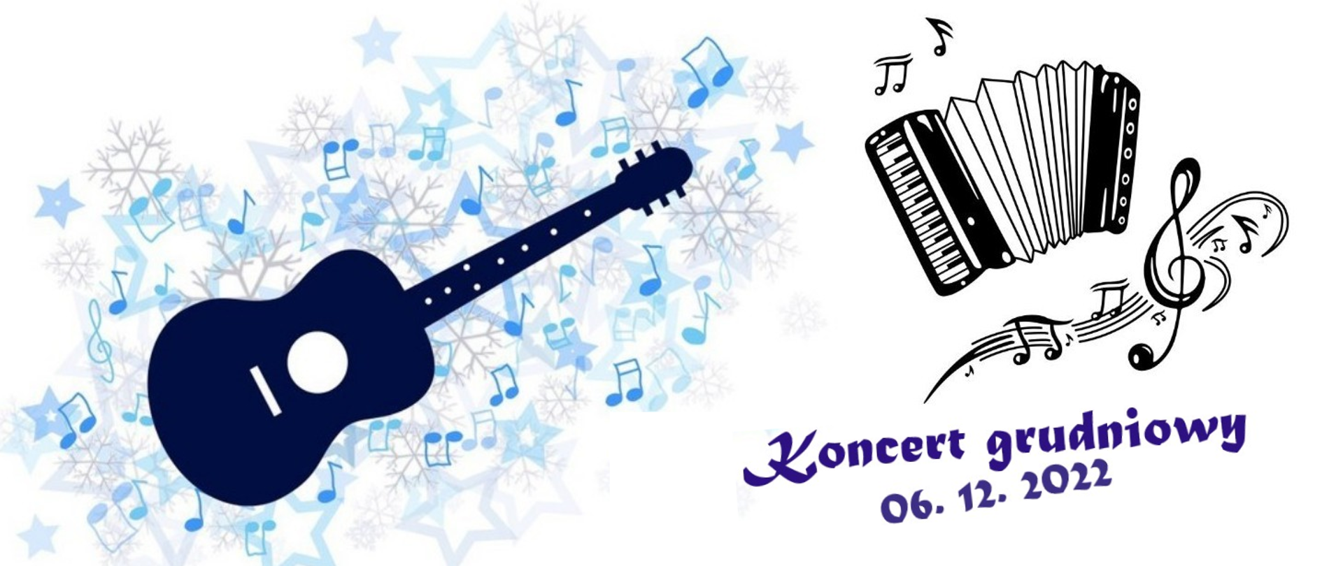 obrazek przedstawia gitarę i akordeon na tle kolorowych nutek, oraz napis Koncert grudniowy 06.12.2022
