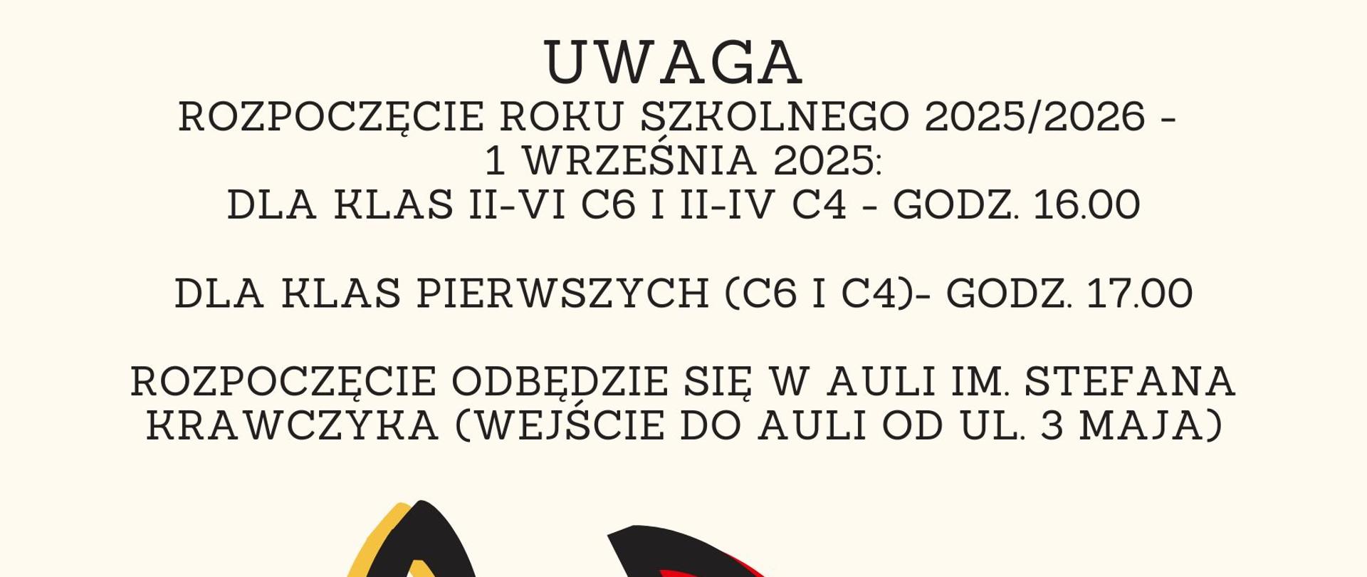 Plakat informujący o dacie i godzinach rozpoczęcia roku szkolnego 2025/2026