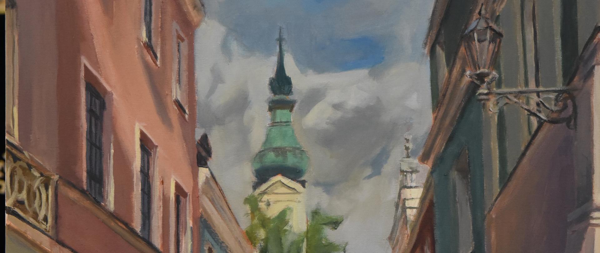 obraz , wąska uliczka, po obu stronach zabytkowe kamienice, w oddali wież kosciła