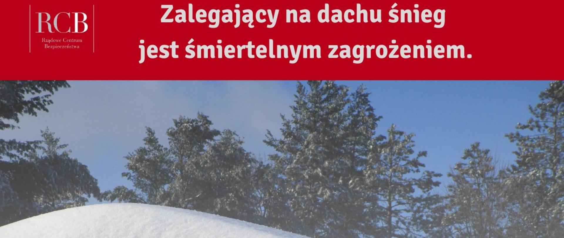 Zdjęcie zaśnieżonego dachu z podpisem Nie czekaj na odwilż Odśnież dach już dziś