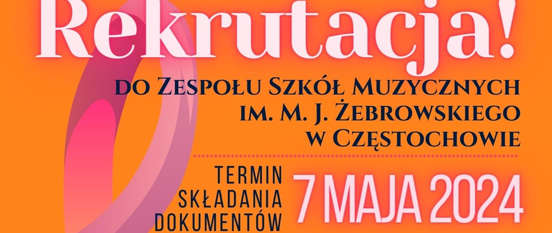 Pomarańczowe tło, po lewej kolorowy klucz wiolinowy, tekst informacja o rekrutacji do ZSM.