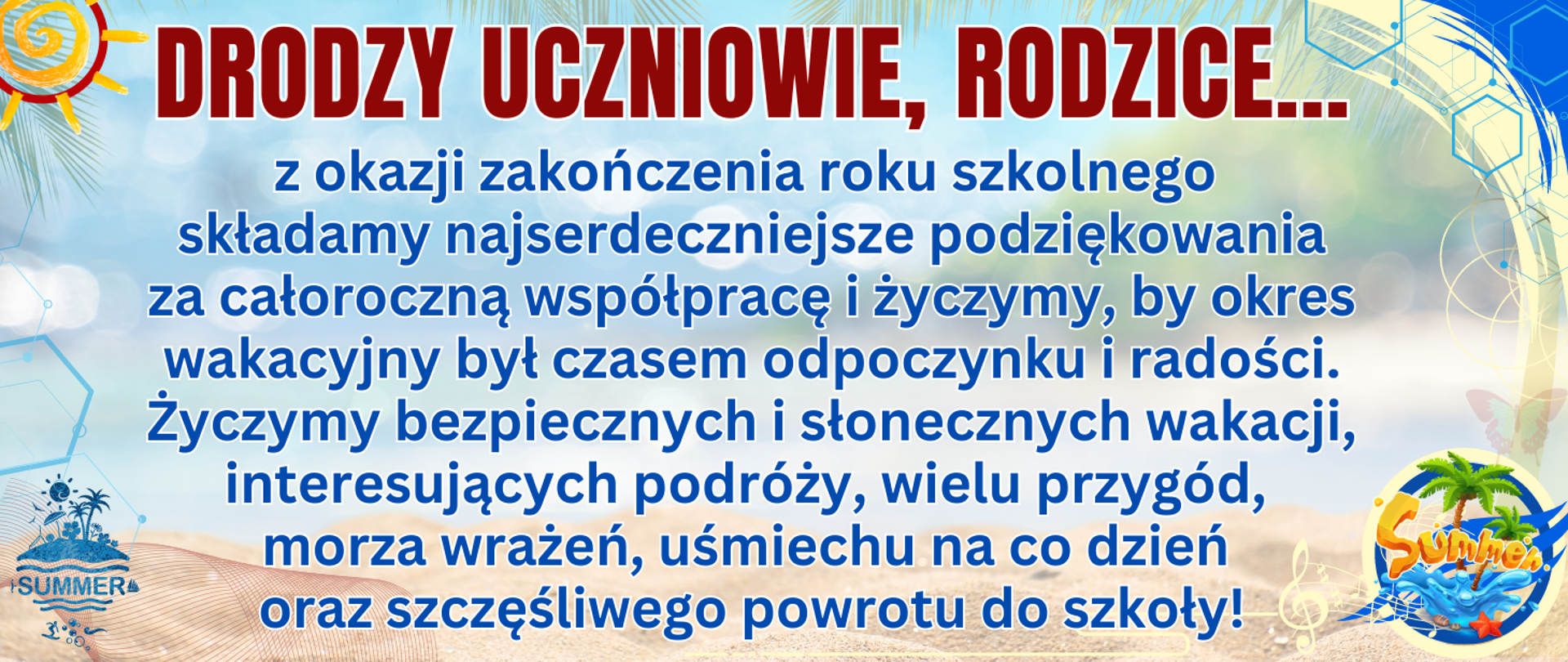 kolorowe jasne tło z wakacyjnymi elementami typu clipart oraz życzenia wakacyjne