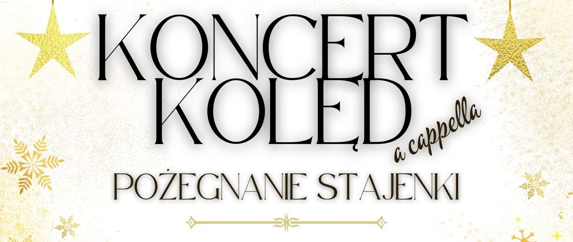 Białe tło, na którym widnieją czarne, czerwone i białe napisy informujące o koncercie kolędowym. Na obrzeżach złota grafika przedstawiająca elementy zimowo-świąteczne. W stopce loga organizatorów i patronów wydarzenia.