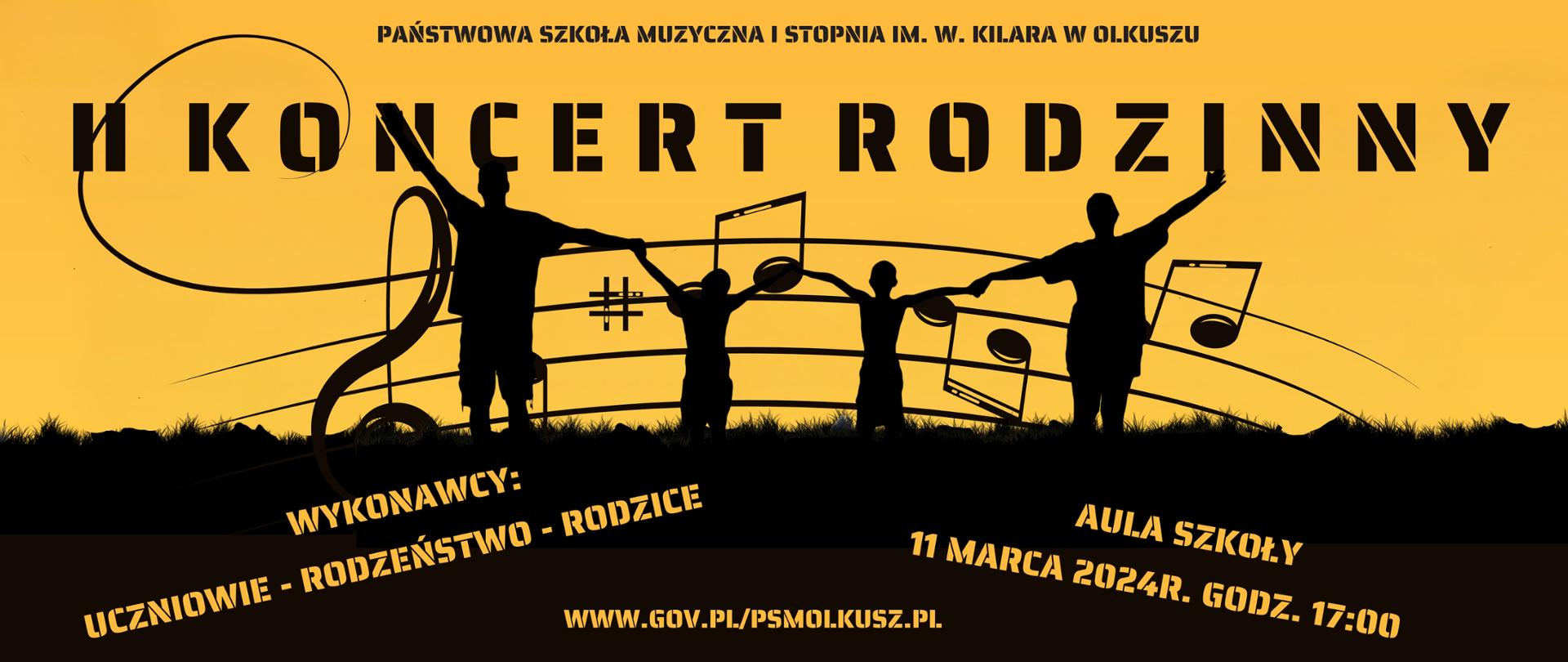 żółte tło, czarne sylwetki rodziny, napisy żółto-czarne