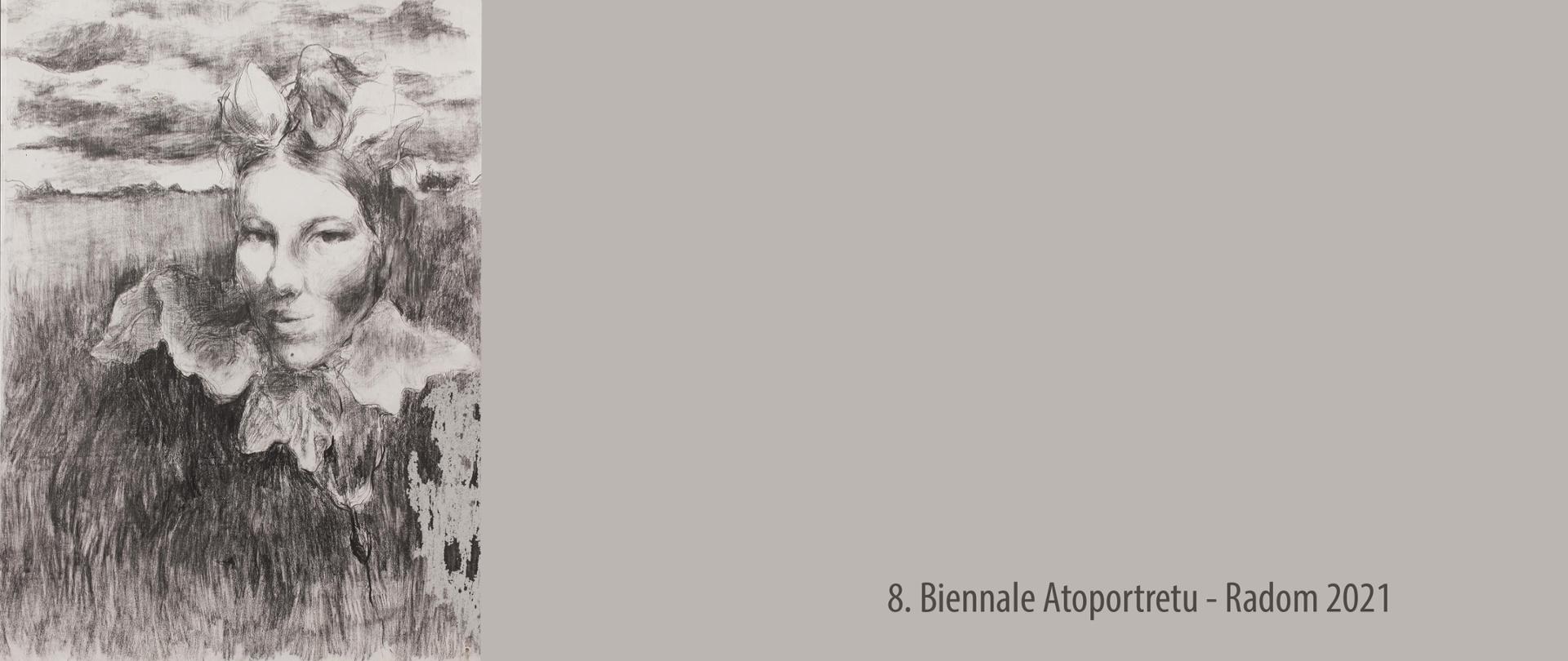 Portret dziewczyny przenikający z elementami natury, przyrody (trawa, zarośla w dalekim tle woda i chmury).