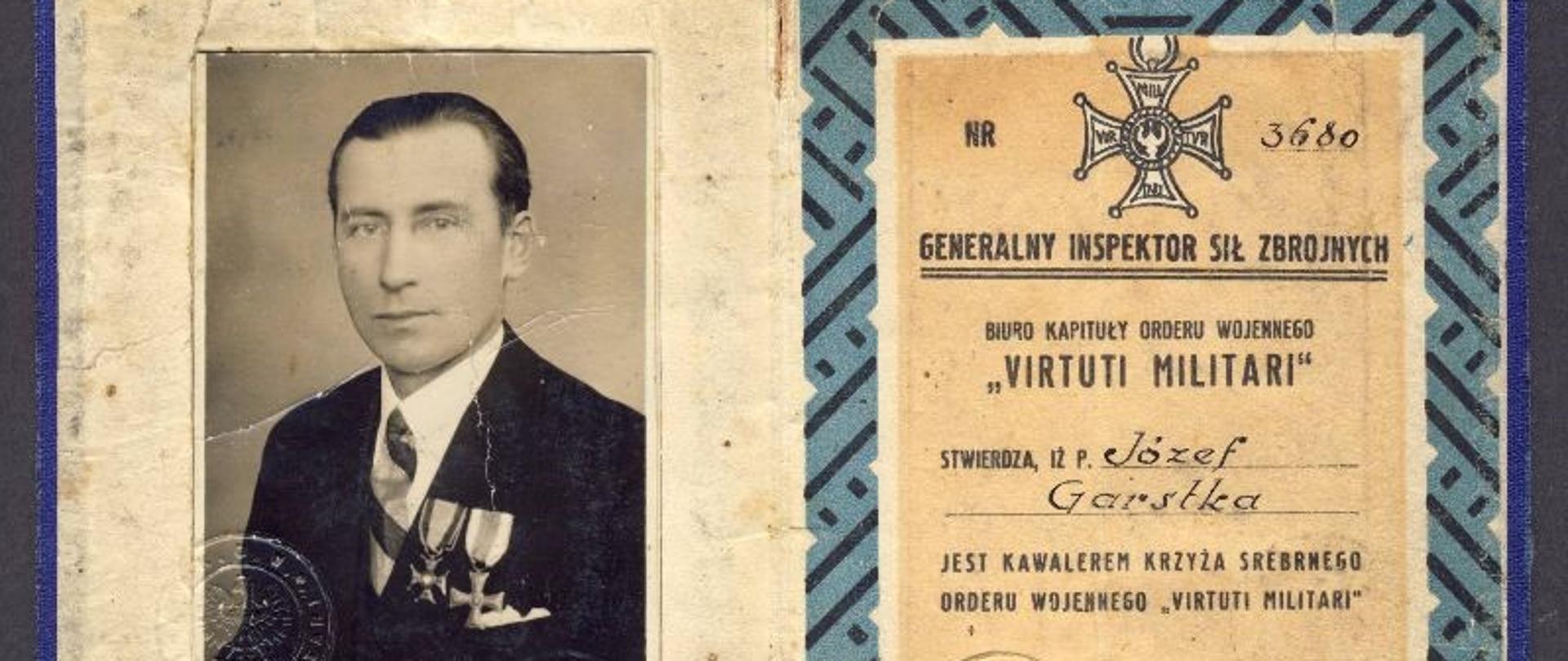 Józef Garstka - legitymacja kawalera Krzyża Srebrnego Orderu Wojennego Virtuti Militari
