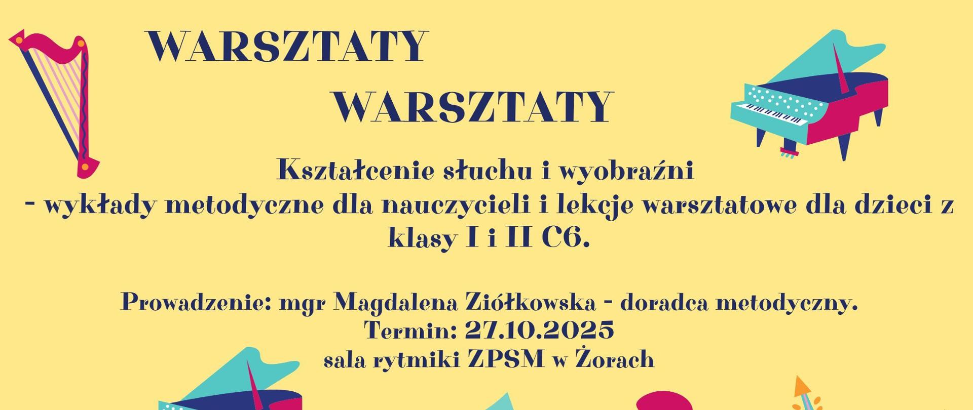 Na żółtym tle granatowy tekst informujący o warsztatach rytmicznych. Wokół tekstu kolorowe ikony przedstawiające instrumenty muzyczne oraz nuty, gwiazdki i kropki.