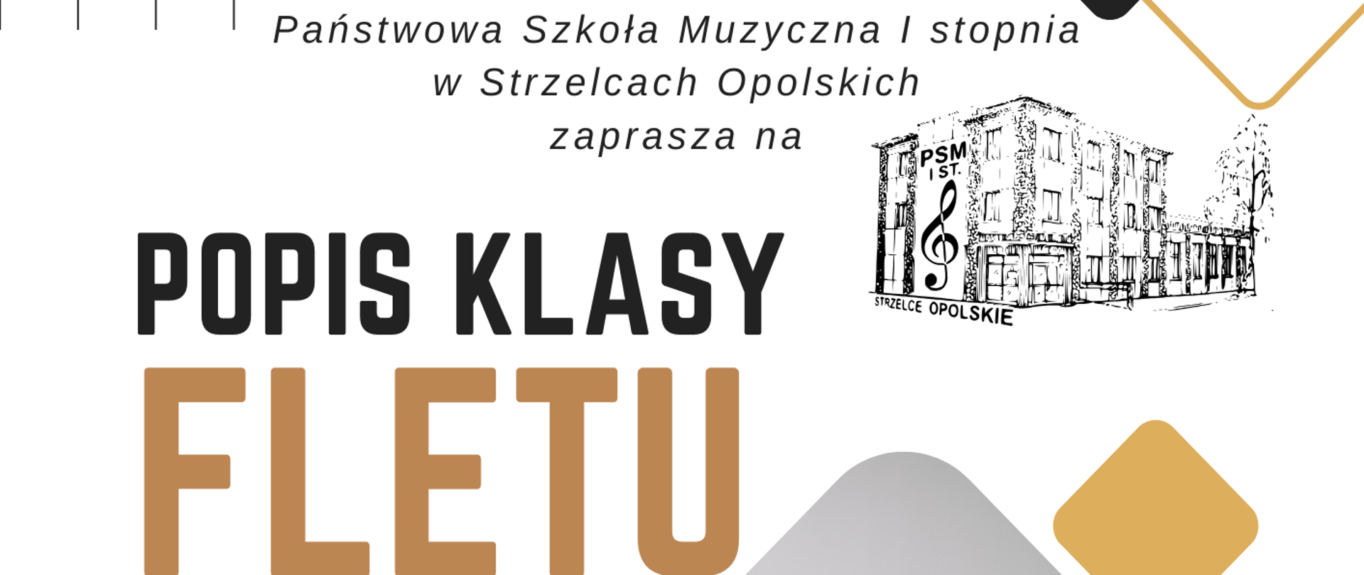 Białe tło, zdjęcia grającego na flecie chłopca, nuty, zaproszenie na popis klasy fletu 17 kwietnia środa, godz. 16.00