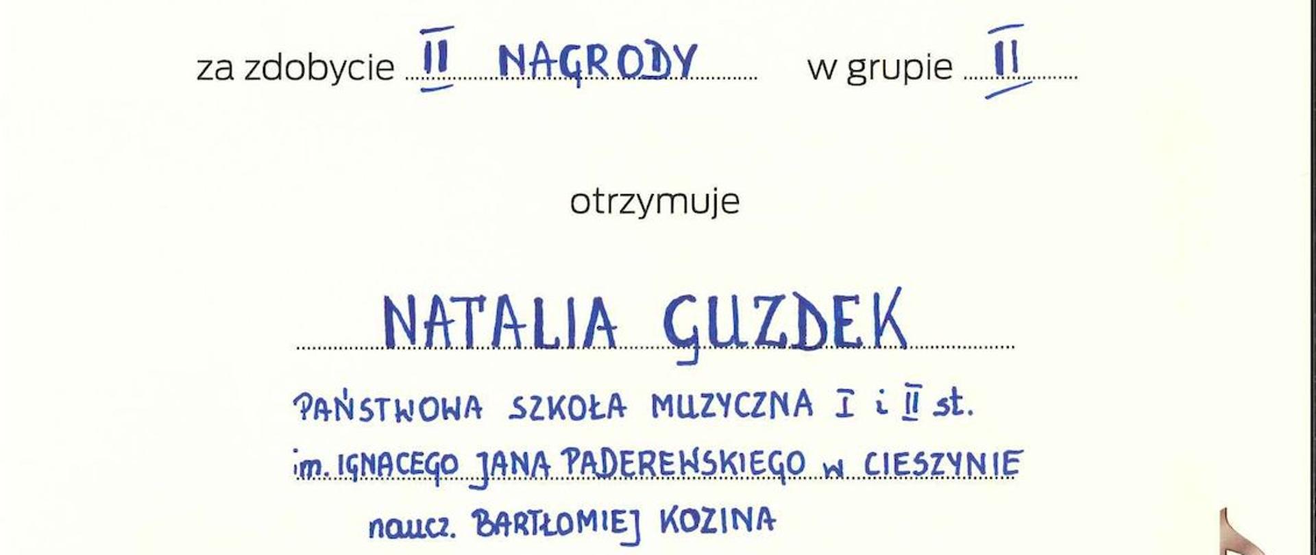Dyplom dla Natali Guzdek