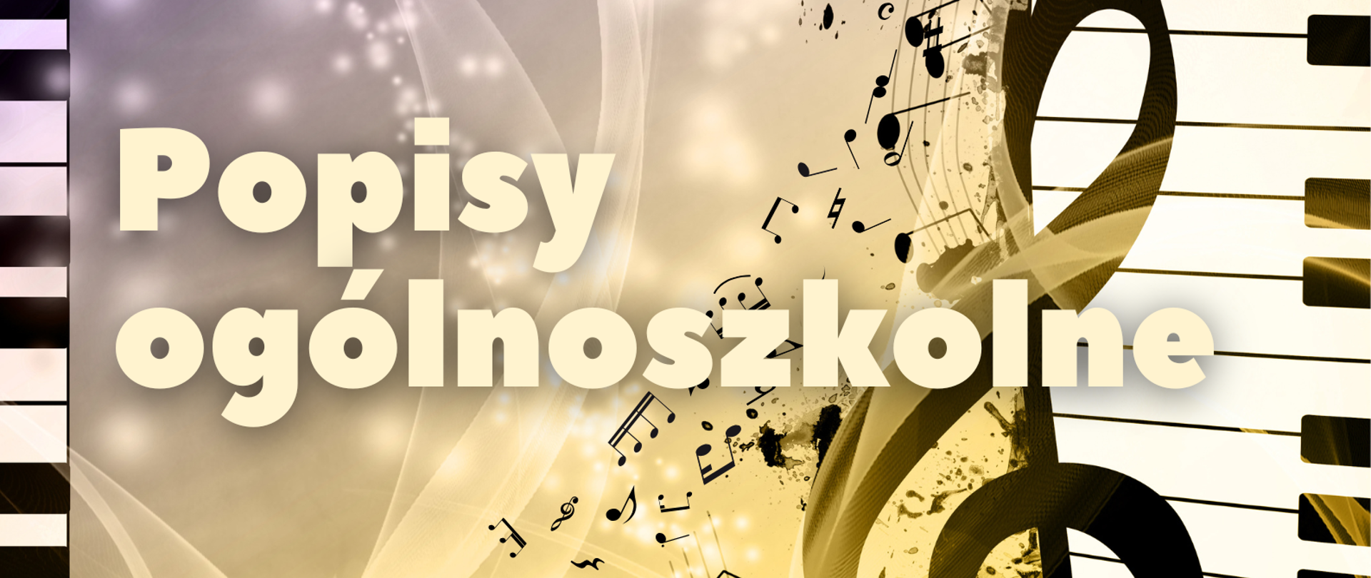 Plakat na szaro żółtym tle. Na lewym i prawym brzegu plakatu biało-czarna klawiatura fortepianu. Na środku informacje o terminie i miejscu popisu ogólnoszkolnego. W lewym dolnym rogu graficzne przedstawienie mężczyzny stojącego bokiem i grającego na saksofonie.