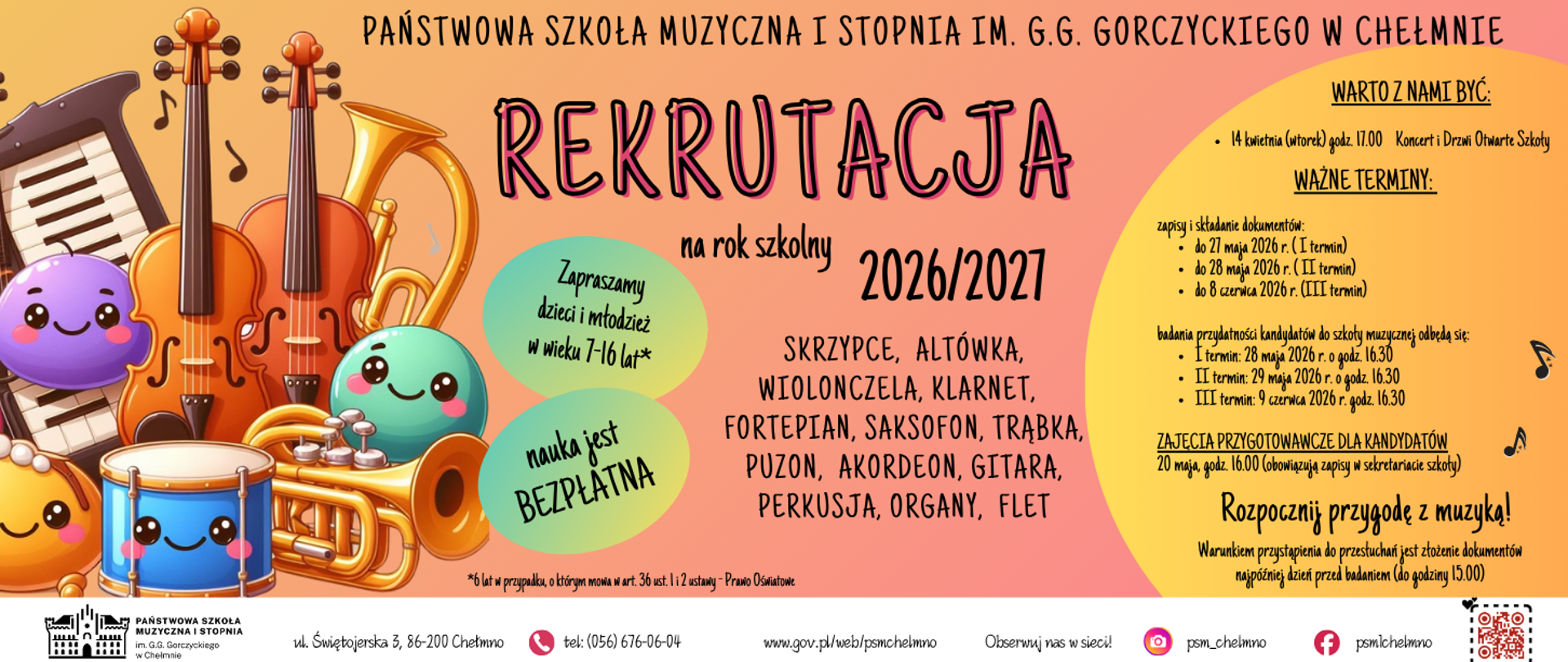 Wielobarwny plakat z informacjami na temat rekrutacji (rok szkolny 2026/2027)