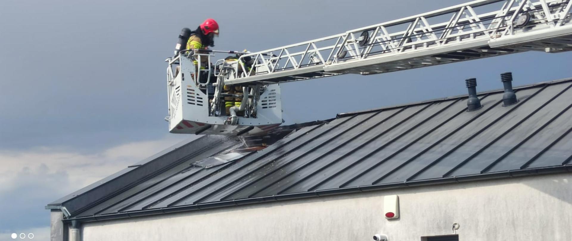 Na zdjęciu widać strażaków pracujących w koszu drabiny mechanicznej 