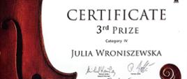 dyplom po lewej stronie wiolonczela pośrodku napis z gratulacjami za III miejsce wiolonczelowym