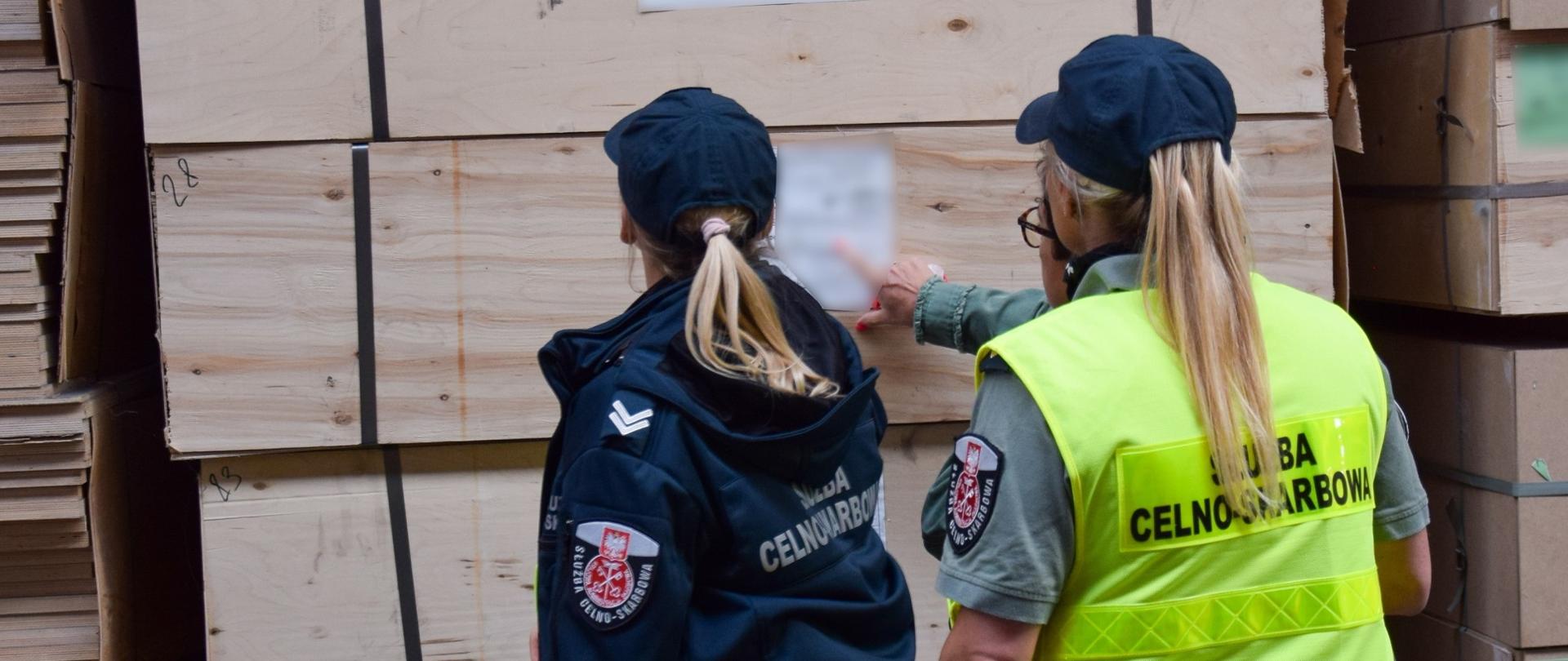 Funkcjonariusze Służby Celno-Skarbowej podczas sprawdzania przewożonych towarów.