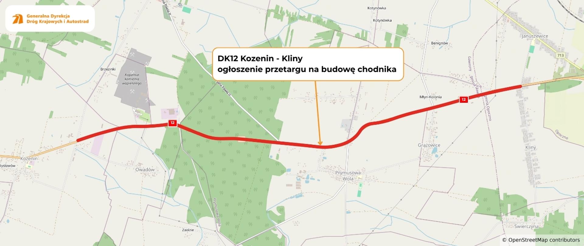 Mapka z zaznaczonym odcinkiem DK12, na którym będzie budowany chodnik.