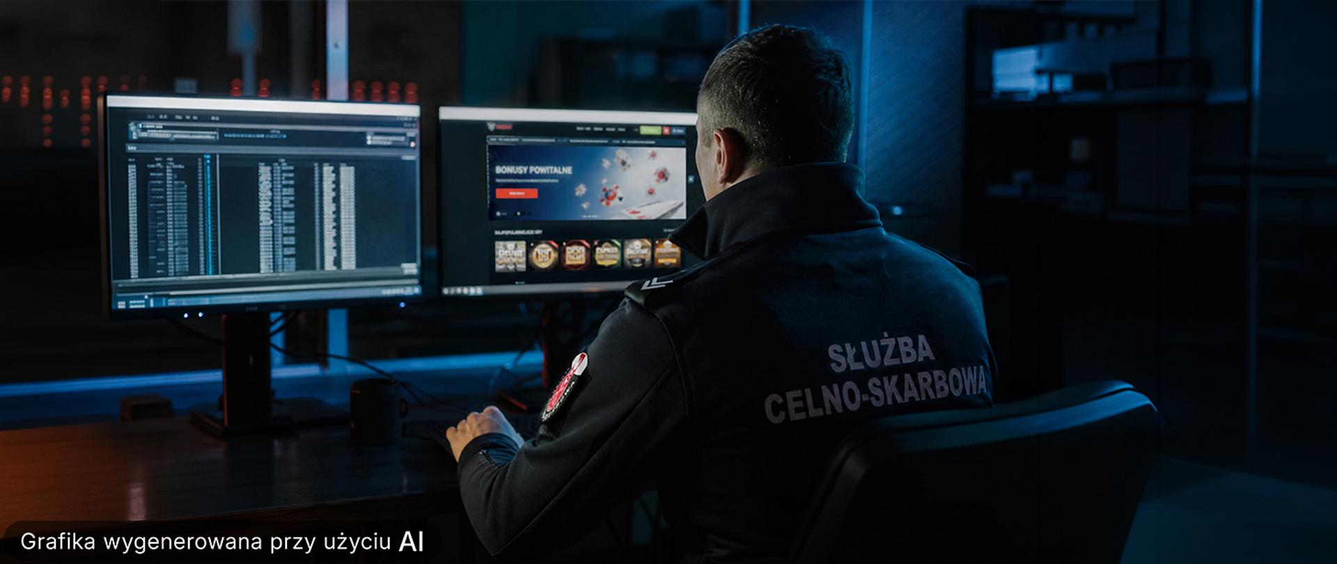 Funkcjonariusz Służby Celno-Skarbowej pracuje przy dwóch monitorach komputerowych. Na ekranach widoczne są dane oraz strona internetowa związana z grami hazardowymi.