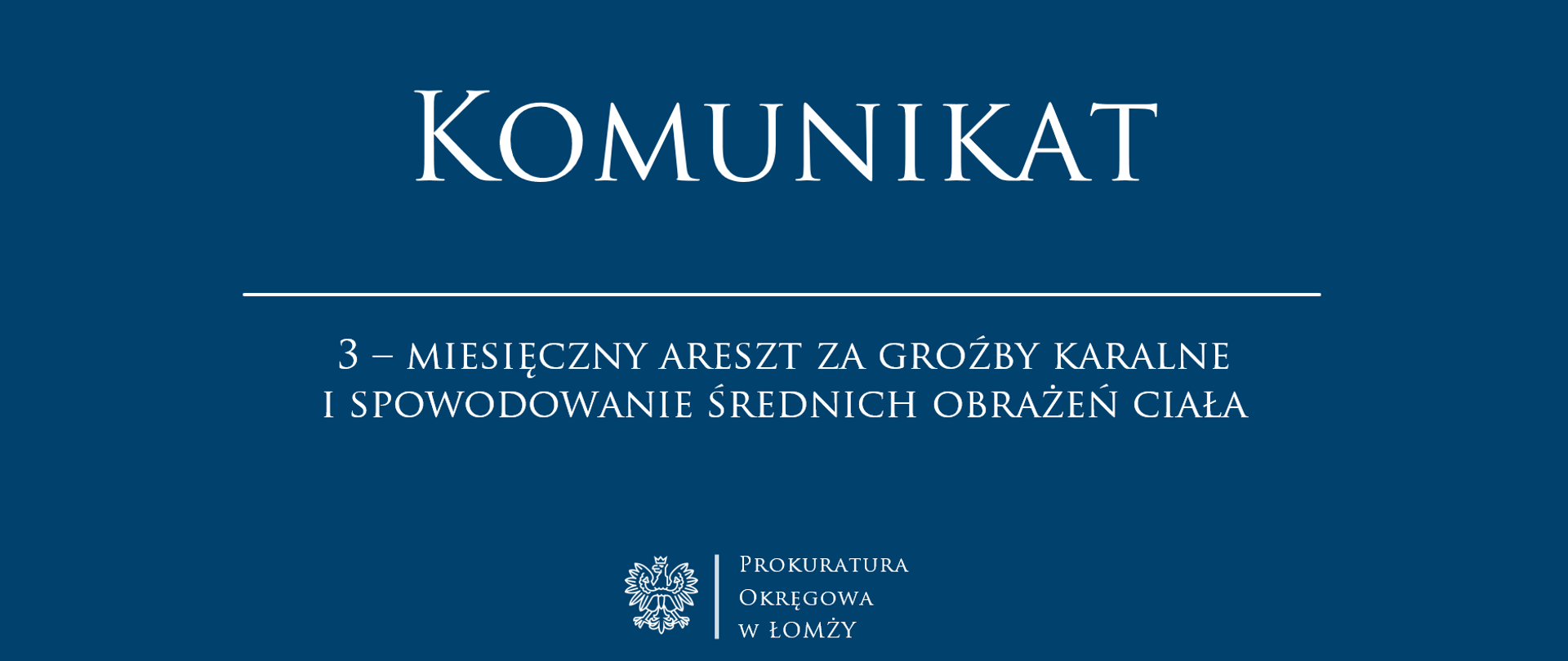 KOMUNIKAT - 3 – miesięczny areszt za groźby karalne i spowodowanie średnich obrażeń ciała