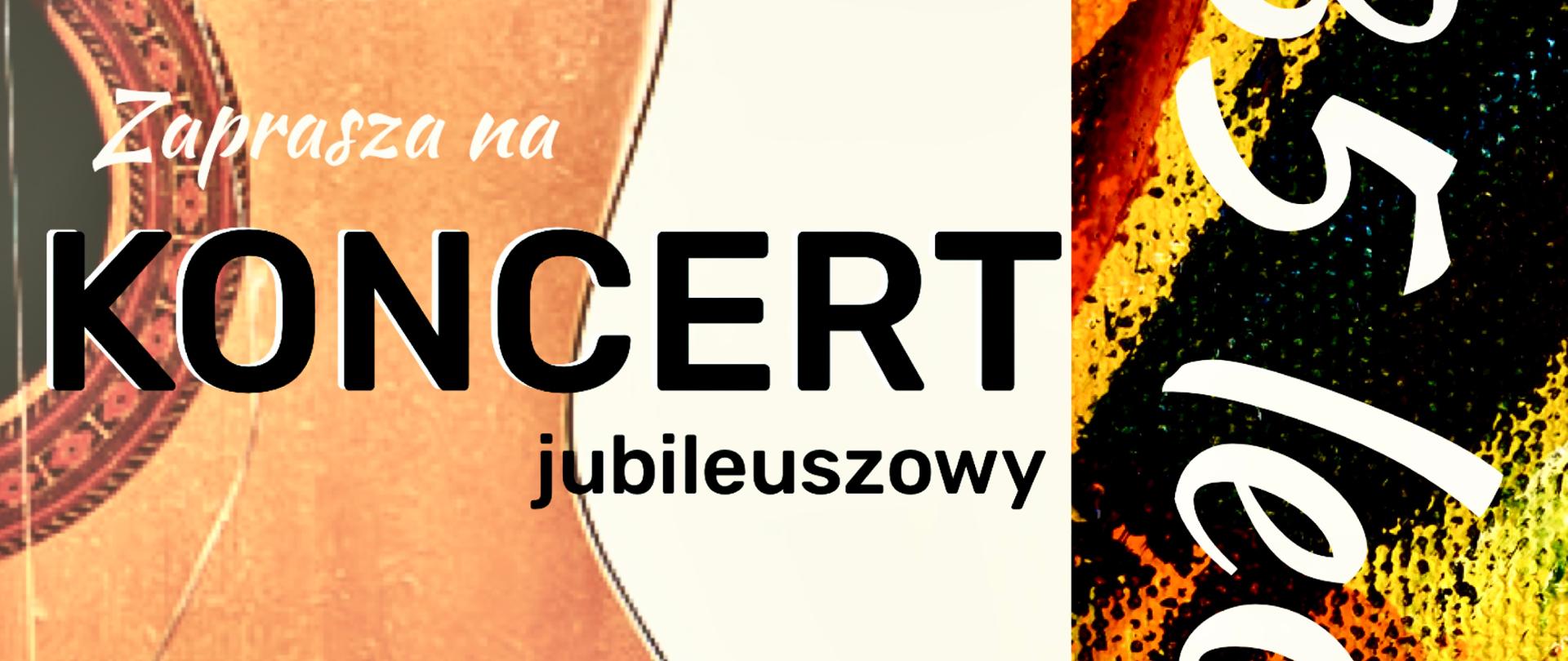 PLakat z informacjami, kolorowy w tle gitara i informacje o planowanym koncercie.