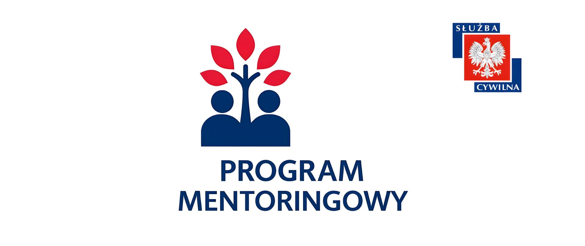 Banner programu mentoringowego. Białe tło z napisem Program Mentoringowy i logotyp akcji. Z prawej strony logotyp Służby cywilnej