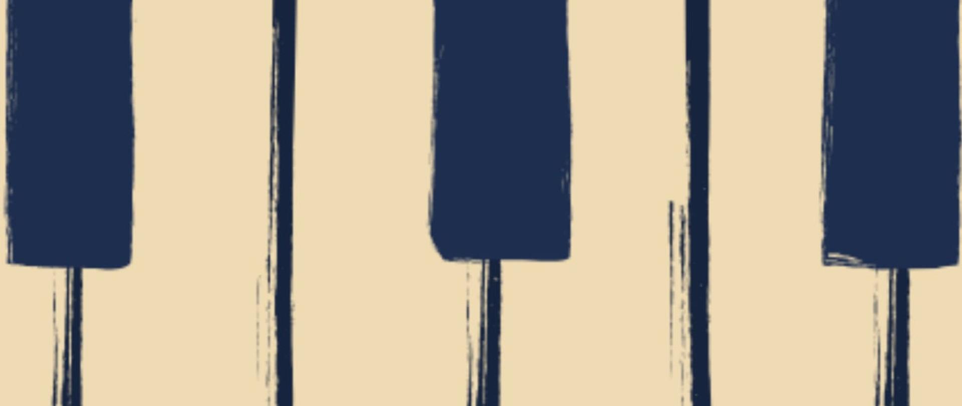 grafika w kolorze beżowo-niebieskim klawiaturą fortepianu u góry. Napisy w kolorze białym.