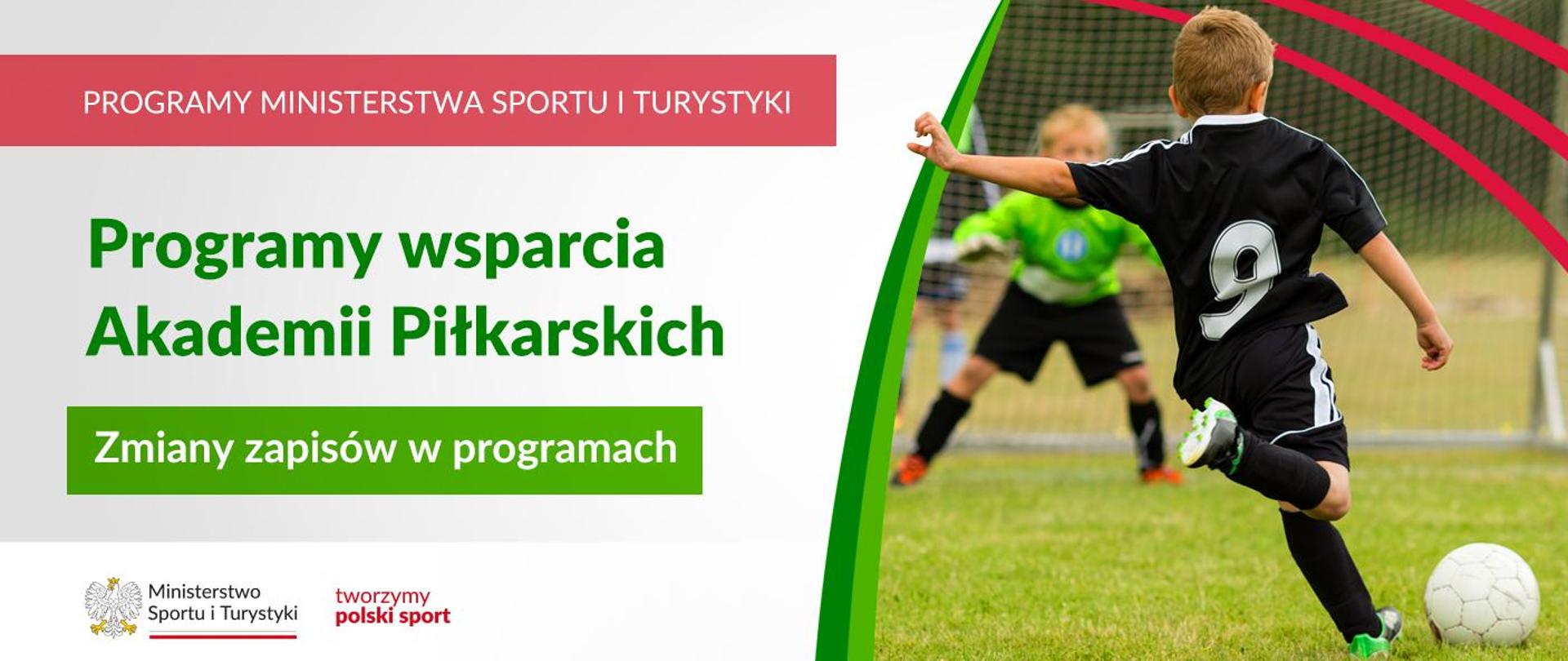 Grafika. Z lewej strony napisy: PROGRAMY MINISTERSTWA SPORTU I TURYSTYKI / Program wsparcia Akademii Piłkarskich / Zmiany zapisów w programach. Na dole na białym pasku logotypy: MSiT oraz "tworzymy polski sport". Z prawej strony zdjęcie chłopca w koszulce z numerem 9 stojącego tyłem do aparatu i kopiącego piłkę do bramki