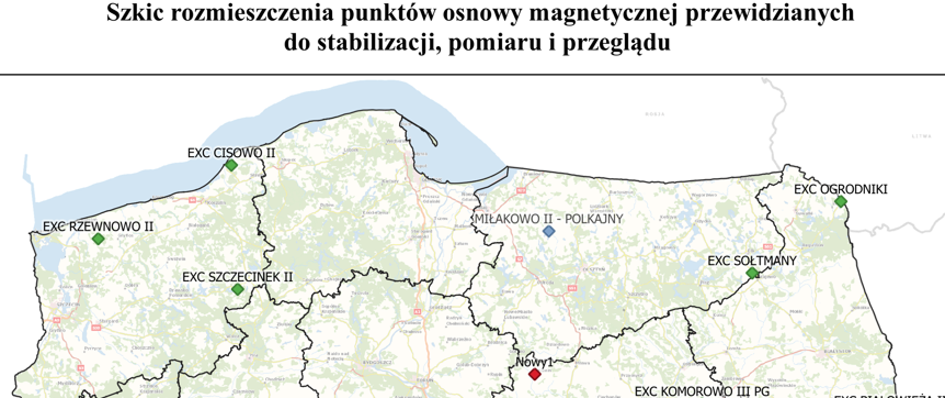 Ilustracja przedstawia mapę Polski z rozmieszczeniem punktów osnowy magnetycznej przewidzianych do stabilizacji, przeglądu i pomiaru.