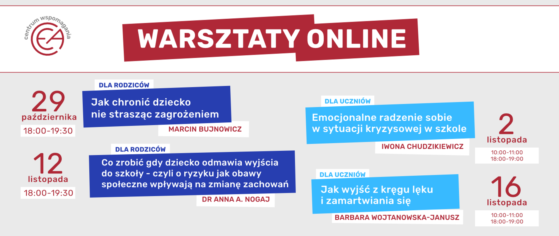 Harmonogram warsztatów online Centrum Wspomagania na październik i listopad. Szczegóły spotkań w tekście poniżej.