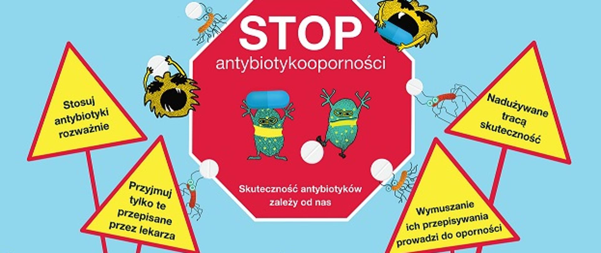 Opis fotografii: Część plakatu, na którym na błękitnym tle widać czerwony znak zakazu z białym napisem "Stop antybiotykkooporności. Skuteczność antybiotyków zależy od nas" i z obrazkami rysunkowych bakterii niosących jak mrówki tabletki. Poniżej 4 znaki ostrzegawcze (trójkąty żółte z czerwoną ramką) z napisami: 1. stosuj antybiotyki rozważnie. 2. Przyjmuj tylko te przepisane przez lekarza. 3. nadużywane tracą skuteczność. 4. Wymuszanie ich przepisywania prowadzi do oporności. 