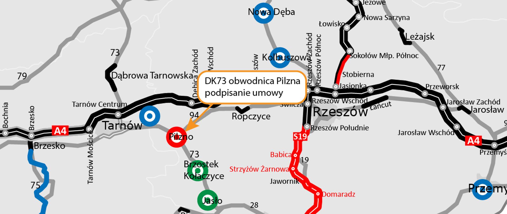Mapa drogowa południowo-wschodniej Polski z zaznaczonymi odcinkami dróg krajowych i autostrad. Na mapie wyróżniono DK73 w rejonie Pilzna, gdzie znajduje się etykieta „DK73 obwodnica Pilzna podpisanie umowy”.