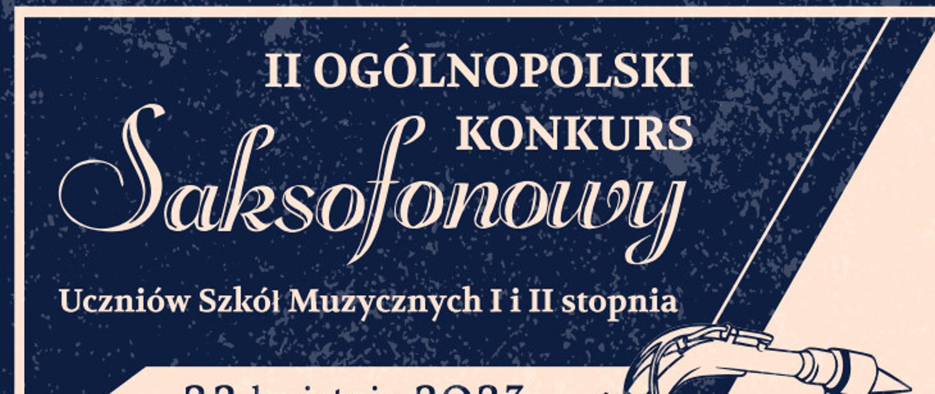 II konkurs Saksofonowy, plakat z saksofonem i nutami w tle. 