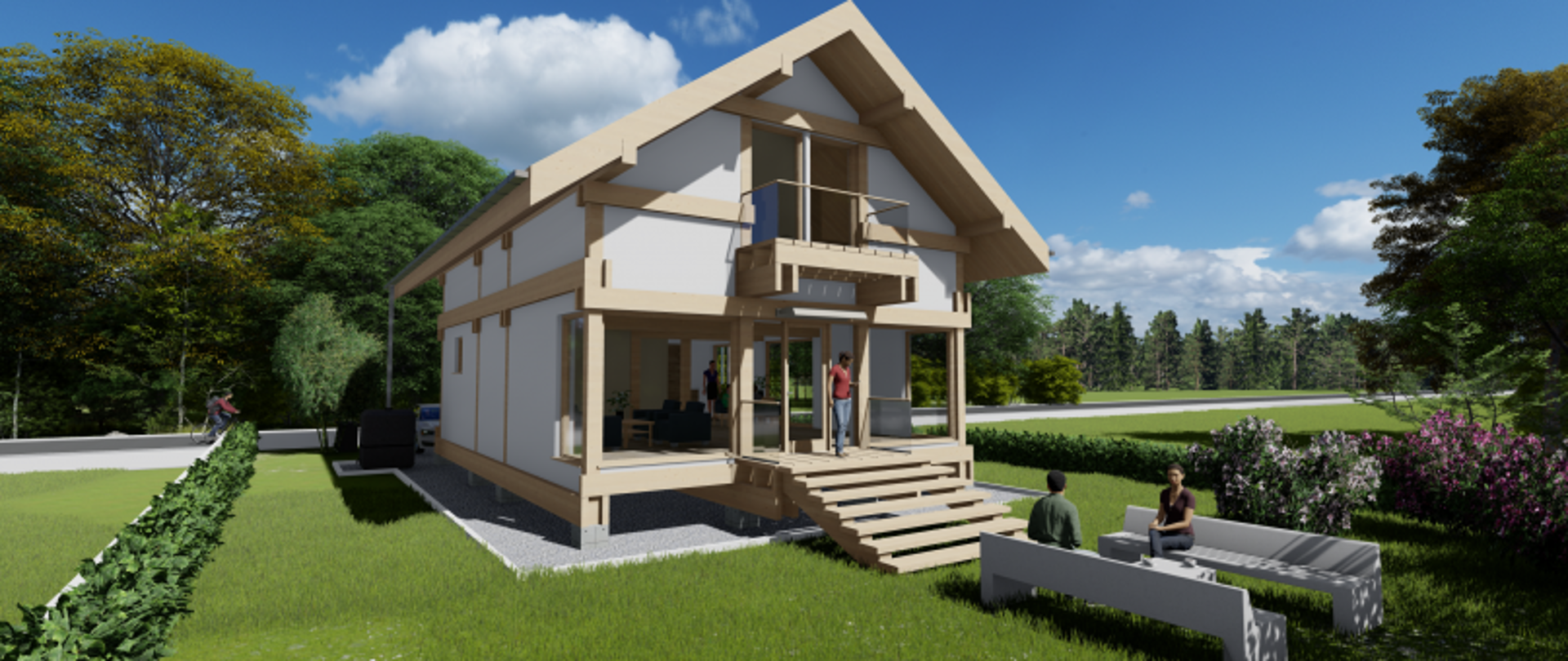 Dwupiętrowy dom z gankiem i dużymi oknami, otoczony zielenią, z osobami na ganku i w strefie wypoczynkowej.