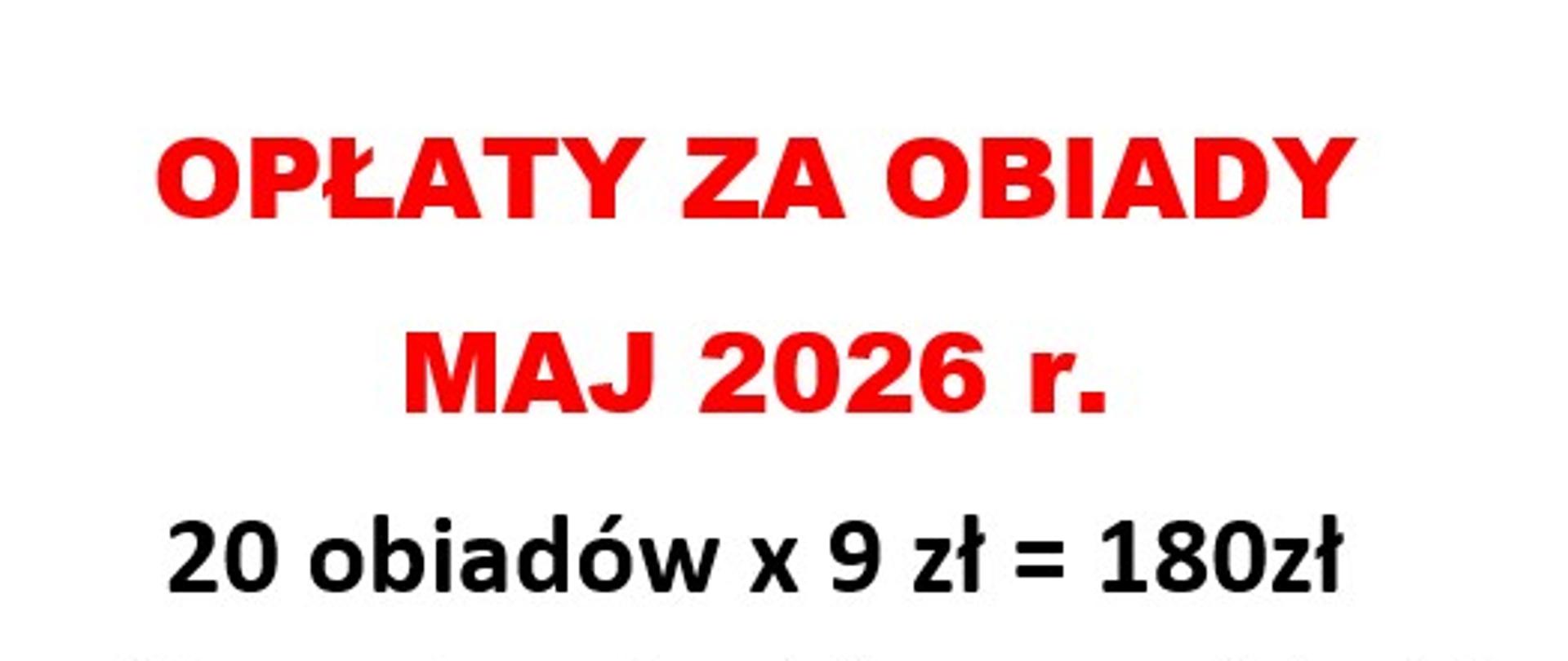 Opłaty za obiady w miesiącu maj 2026