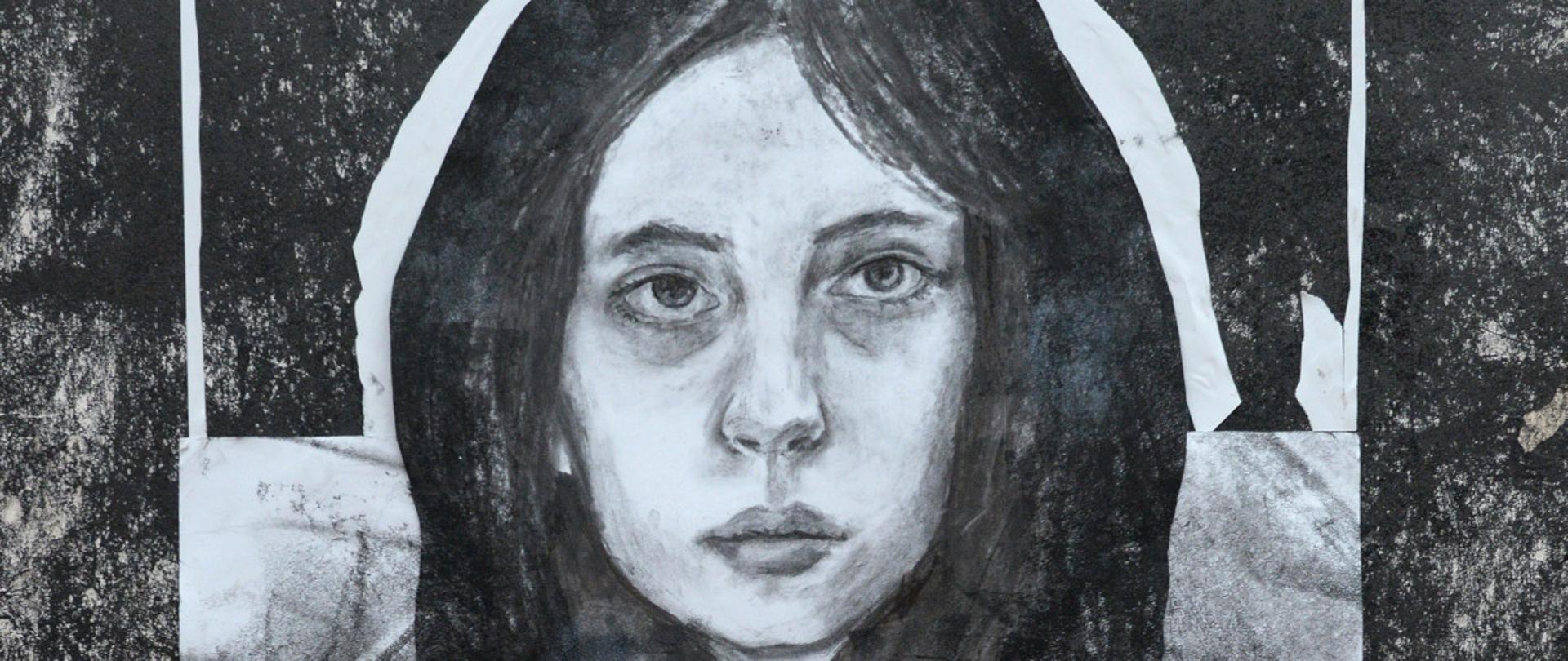 autoportret uczennicy, kolor czarno-biały, 