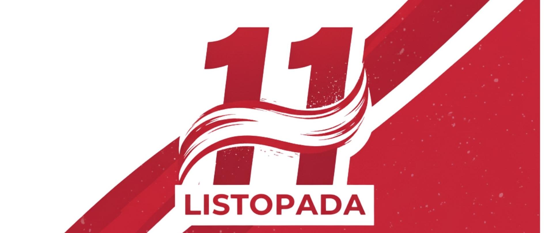 Plakat o tematyce patriotycznej utrzymany w barwach bieli i czerwieni.Na górze, wyrównany do lewej, widnieje tekst: 'Dyrekcja PSM I st. nr 2 w Kędzierzynie-Koźlu zaprasza na'. Poniżej, dużymi literami w kolorze bordowym: KONCERT. Środek plakatu jest zdominowany przez dynamiczny, ukośny, bordowo-czerwony pas, przypominający element flagi. Wewnątrz tego pasa znajduje się duża cyfra 11 z falistym, stylizowanym wzorem, a pod nią mniejszy napis LISTOPADA. Po prawej stronie, pod pasem, tekst w kolorze bordowym: 'z okazji Narodowego Święta Niepodległości' Na samym dole, dużymi literami, data i godzina wydarzenia: 17 XI 2025 g. 17.00. Poniżej, mniejszą czcionką: 'sala koncertowa szkoły'."