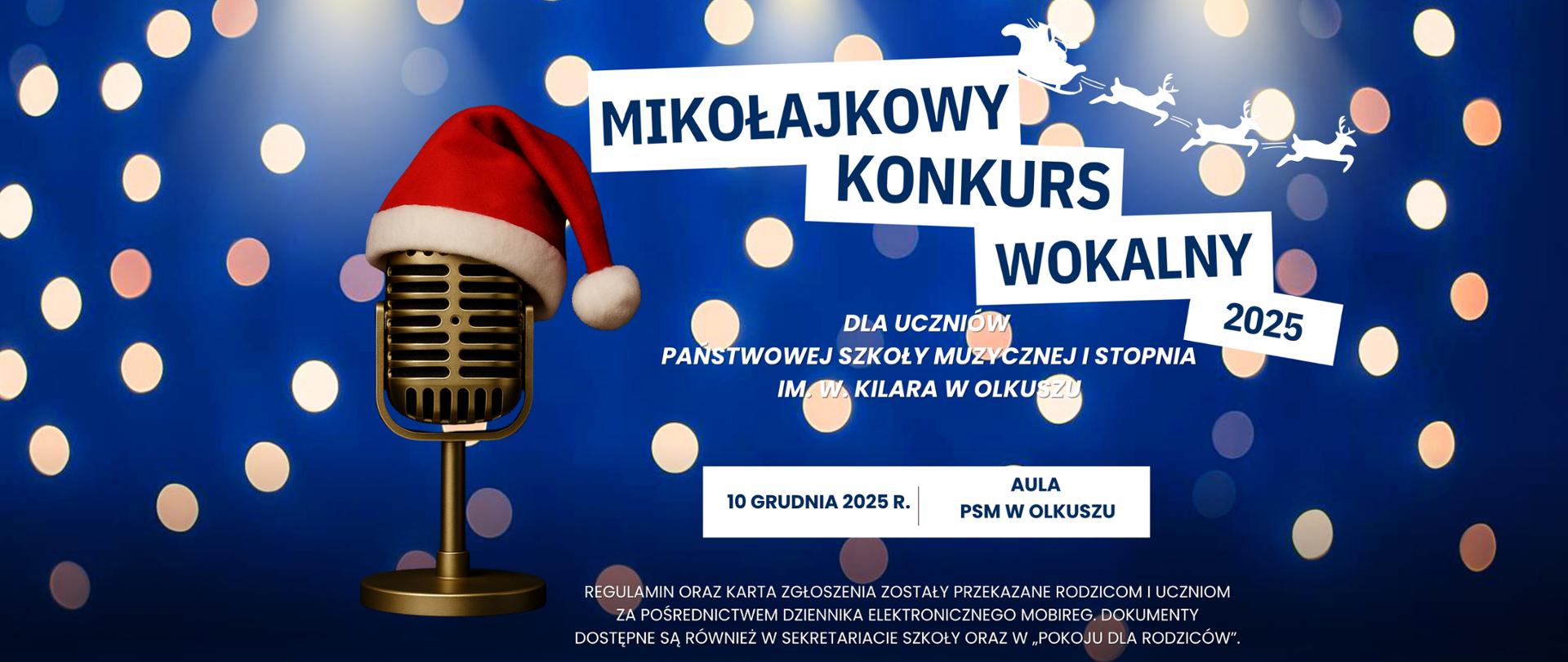 niebieskie tło i charakterze świątecznym, czapka mikołajowa na mikrofonie, napisy w białych prostokątach, białe sanie mikołajowe