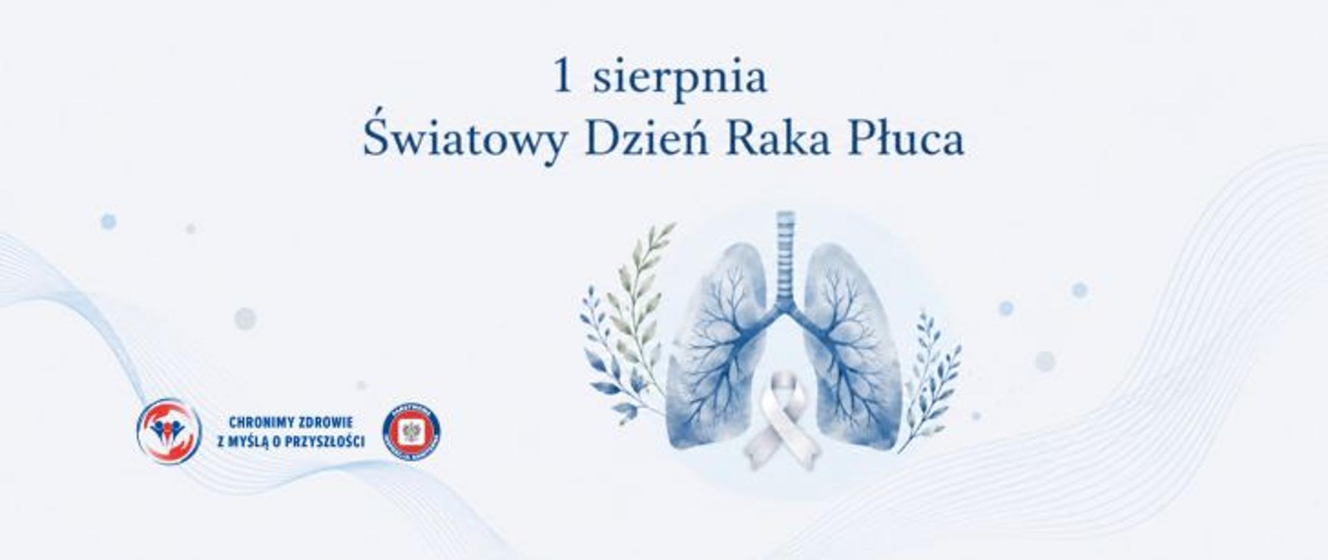 Baner w jasnoniebieskiej kolorystyce poświęcony Światowemu Dniu Raka Płuca. W górnej części znajduje się dwuwierszowy tytuł: „1 sierpnia” oraz „Światowy Dzień Raka Płuca”. Poniżej, lekko po prawej stronie, umieszczono subtelną ilustrację płuc w odcieniach błękitu z białą wstążką – symbolem solidarności z osobami chorującymi na raka płuca. Grafikę uzupełniają delikatne motywy roślinne, jasne fale oraz drobne elementy dekoracyjne. w lewym dolnym rogu logo Państwowej Inspekcji Sanitarnej wraz z hasłem: Chronimy zdrowie z myślą o przyszłości. 