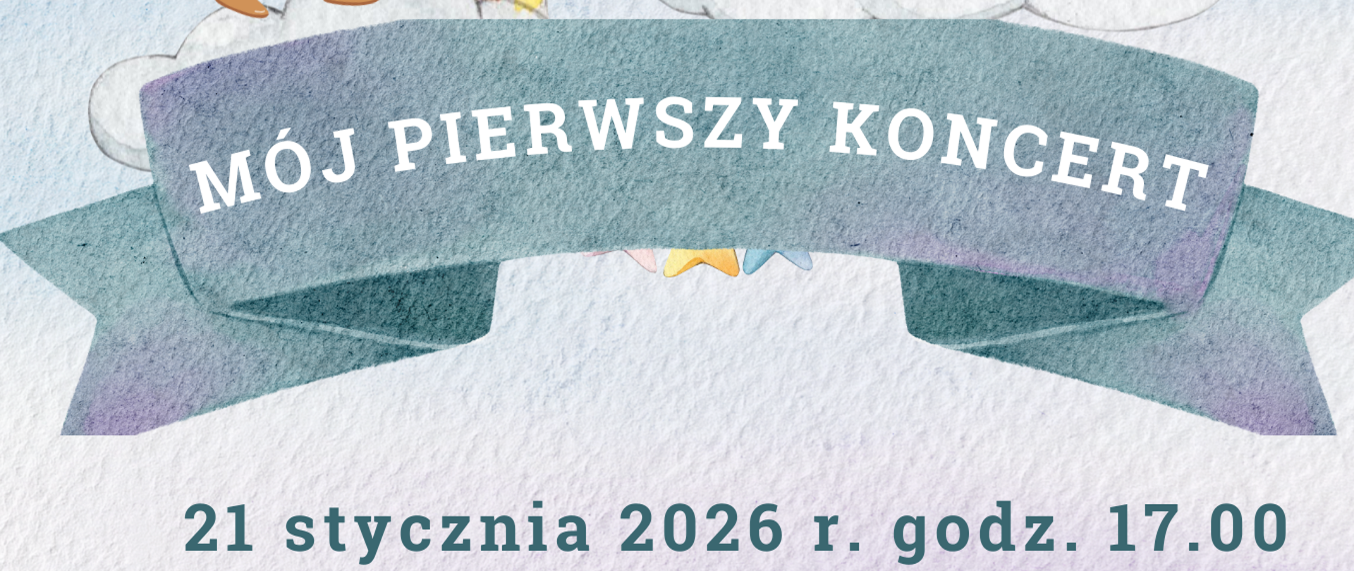 Plakat na niebieskim tle z grafiką trójki dzieci stojących na tęczy i grających na skrzypcach, akordeonie i saksofonie