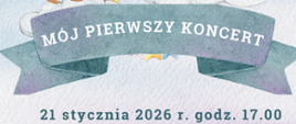 Plakat na niebieskim tle z grafiką trójki dzieci stojących na tęczy i grających na skrzypcach, akordeonie i saksofonie