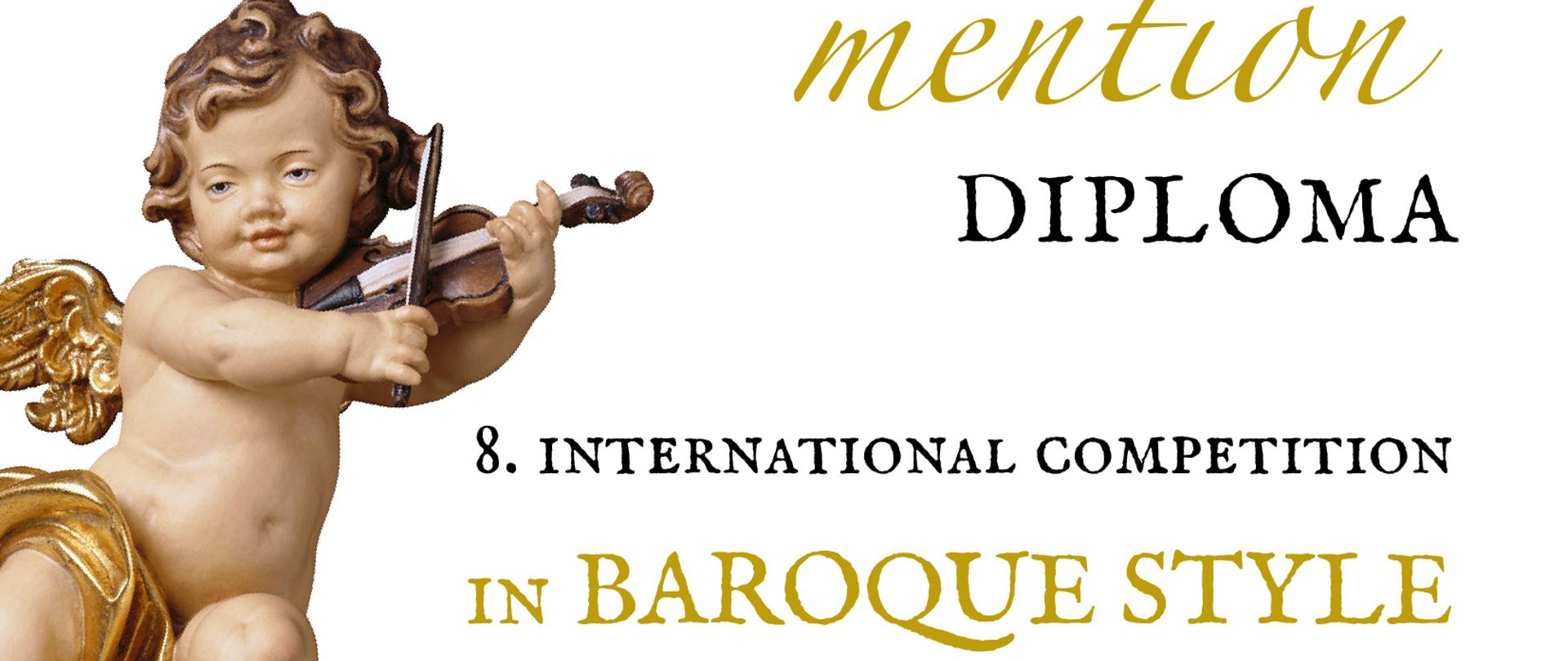 Dyplom wyróżnienia (Honorable Mention Diploma) przyznany Roksanie Szymanek w ramach 8. Międzynarodowego Konkursu w Stylu Barokowym (8th International Competition in Baroque Style). Dokument zawiera nazwę szkoły laureatki – Państwowa Szkoła Muzyczna I stopnia im. Aleksandra Tansmana w Kępnie (Polska) oraz nazwisko nauczycielki – Kinga Hudela. Na dole widnieją podpisy członków jury, w tym przewodniczącego dr. hab. Jana Romanowskiego oraz innych muzyków i profesorów z Francji, Chorwacji i Korei. W lewym dolnym rogu umieszczone jest logo Fundacji Jana Romanowskiego, a na dole dokumentu znajduje się data: 10 marca 2025 r. Projekt dyplomu łączy elegancję z barokowym stylem. W lewym górnym rogu znajduje się złocona rzeźba putta grającego na skrzypcach, co nawiązuje do barokowej estetyki. Czcionka tytułowa („Honorable mention”) jest stylizowana na kaligraficzną, co dodaje klasycznego charakteru, natomiast pozostały tekst wykorzystuje tradycyjny, czytelny krój pisma. Kolorystyka opiera się na złocie i czerni. Układ treści jest przejrzysty, a złoty pasek na dole wizualnie domyka kompozycję, eksponując nazwę fundacji i stronę internetową organizatora.