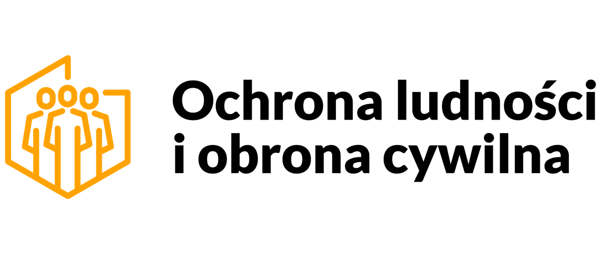 Logotyp z czarnym napisem Ochrona ludności i obrona cywilna, po lewej stronie napisu pomarańczowa grafika przestawiająca rysunek 3 ludzi w ramce przypominającej obrys polski