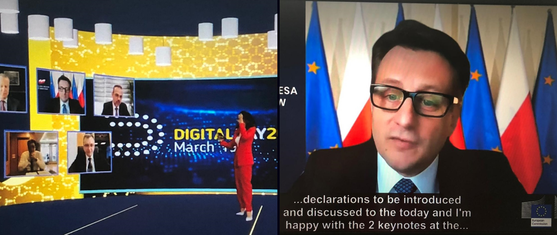 Z lewej strony - zdjęcie wirtualnego studia Digital Day 2021. Prowadząca oraz widoczne z lewej stronie na ścianie ekrany z uczestnikami dyskusji. Wśród nich Krzysztof Szubert. Z prawej strony - Krzysztof Szubert podczas wystąpienia - widok ekranu komputera.