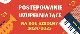 Plakat informujący o rekrutacji do szkoły muzycznej. Na czerwonym tle w górnej części plakatu logo szkoły oraz nazwa placówki. poniżej napis rekrutacja na rok szkolny 2024/2025, poniżej wypisane wszystkie instrumenty muzyczne. Na granatowym tle informacja do kiedy należy składać podania oraz adres i numer telefonu do szkoły, W dolnej części grafika przedstawiająca klawiaturę fortepianu. W prawej części plakatu grafika akordeonu i skrzypiec oraz kolorowe nuty. W prawym rogu w dolnej części kod QR.