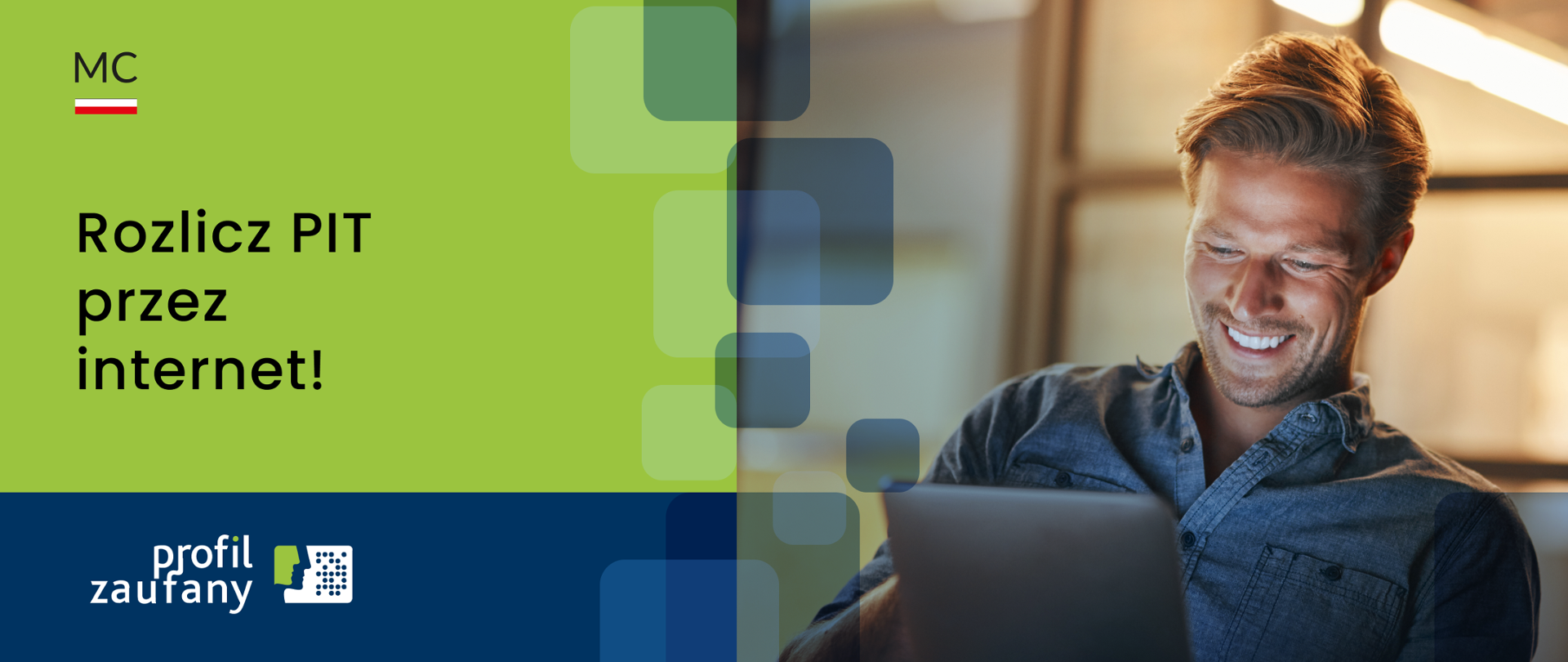 Rozlicz PIT przez internet! Loga Ministerstwa Cyfryzacji i profilu zaufanego.