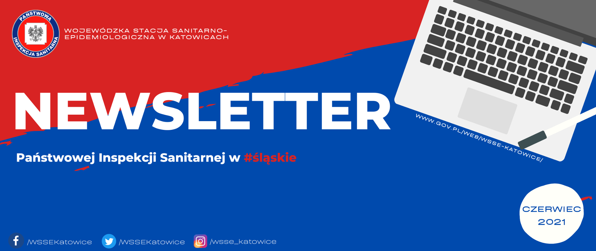 Banner w kolorystyce niebiesko-czerwonej z logo Państwowej Inspekcji Sanitarnej, grafiką komputera oraz odnośnikami do portali społecznościowych prowadzonych przez Wojewódzką Stacje Sanitarno-Epidemiologiczną w Katowicach. 