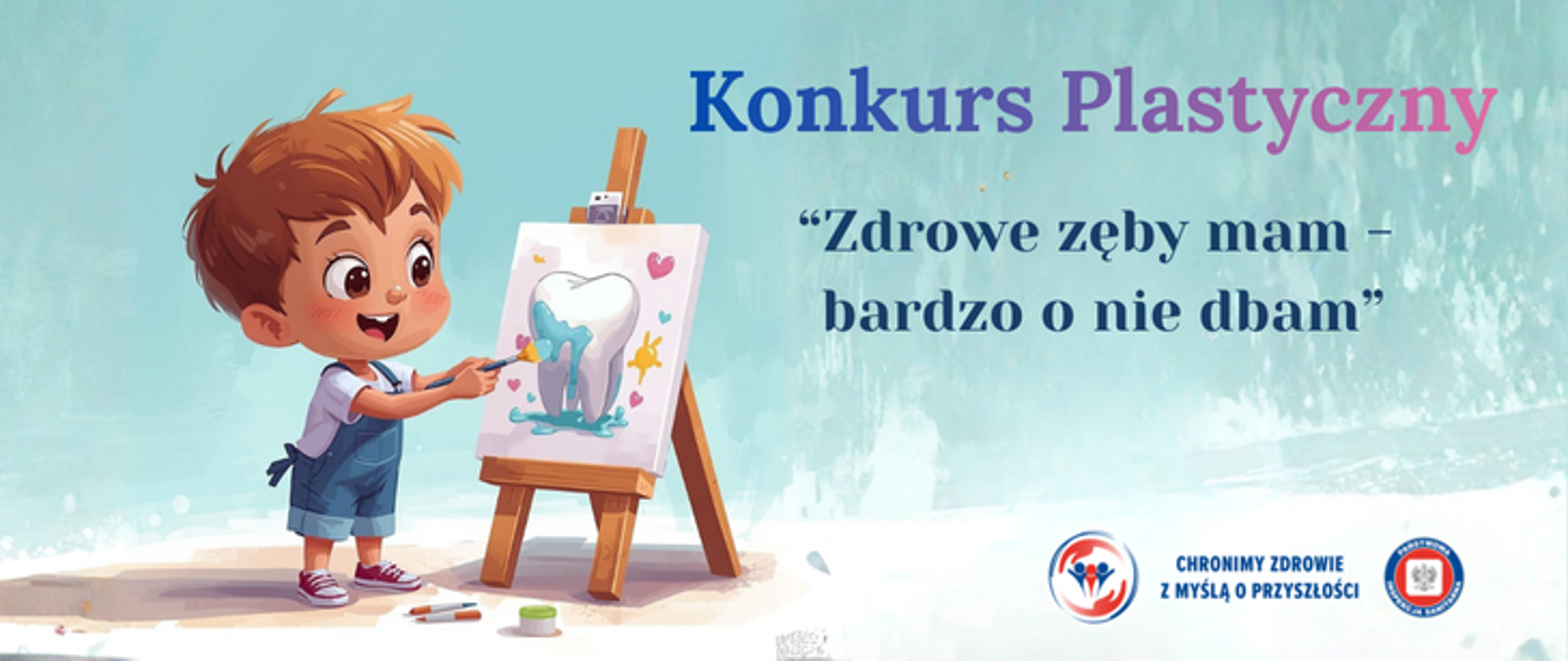Grafika przedstawia chłopca w jeansowych ogrodniczkach, który w ręku trzyma pędzel i maluje zęba na płótnie, które umieszczone jest na drewnianej sztaludze. Po prawej stronie znajduje się napis Konkurs plastyczny - Zdrowe zęby mam - bardzo o nie dbam, a w prawym dolnym rogu umieszczono 2 logo Inspekcji Sanitarnej oraz hasło Chronimy Zdrowie z Myślą o Przyszłośći.