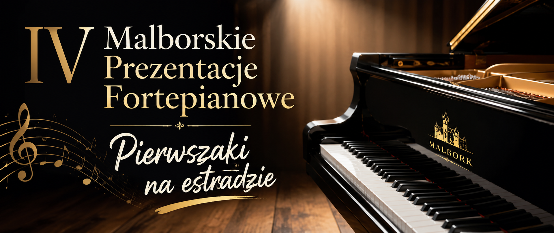 Grafika przedstawia elegancki fortepian na ciemnym, scenicznym tle z delikatnym oświetleniem koncertowym. Na obrazie widnieje napis: „IV Malborskie Prezentacje Fortepianowe – Pierwszaki na estradzie” oraz dodatkowe hasło „Gratulacje”. Całość utrzymana jest w uroczystym i artystycznym stylu, nawiązującym do wydarzenia muzycznego dla młodych pianistów.