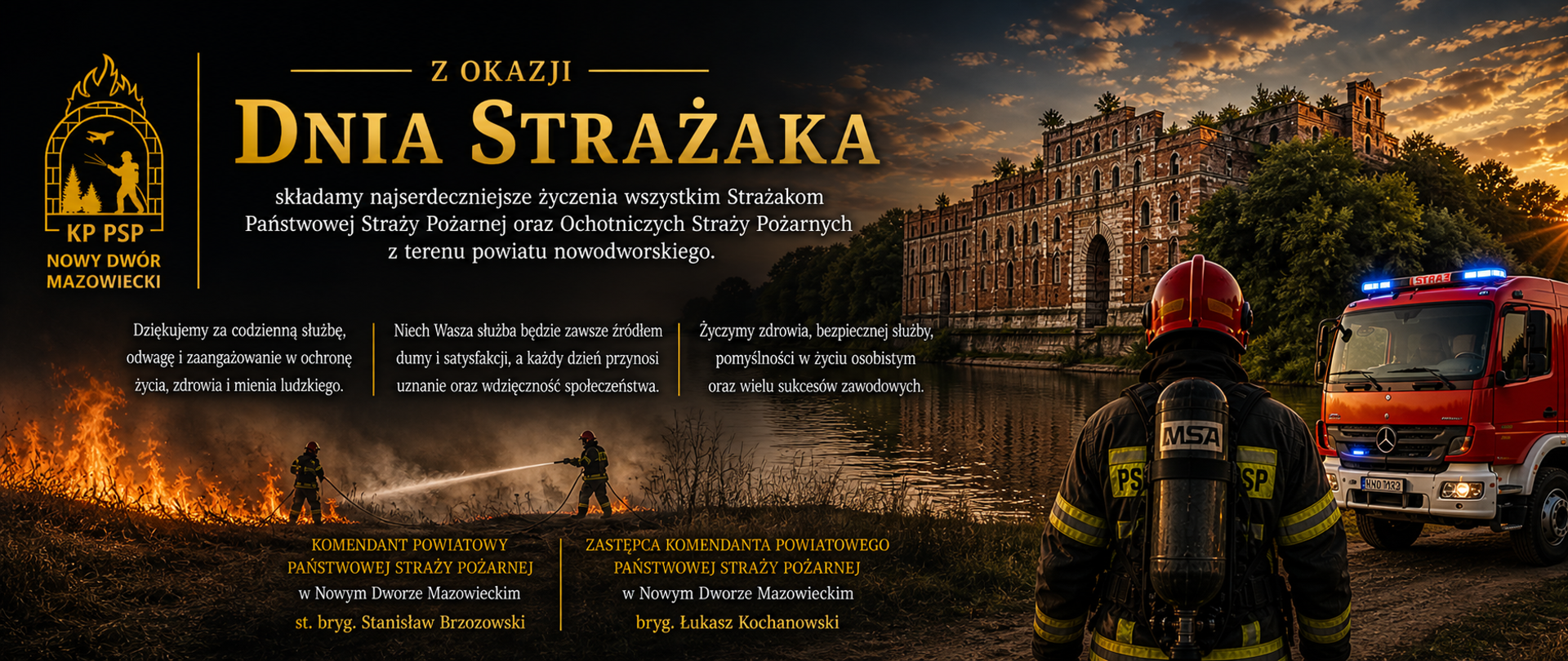 Na grafice jest strażak w ubraniu specjalnym pełnym z aparatem powietrznym. Widać także samochód strażacki , a w dalszej perspektywie dwóch strażaków gaszących pożar krzaków i nieużytków nad zbiornikiem wodnym. W oddali widać mury Twierdzy znajdującej się nad wodą. Uwzględnione jest logo Komendy Powiatowej PSP w Nowym Dworze Mazowieckim. Głównym elementem jest napis z życzeniami Komendantów PSP w Nowym Dworze Mazowieckim z okazji Dnia Strażaka 