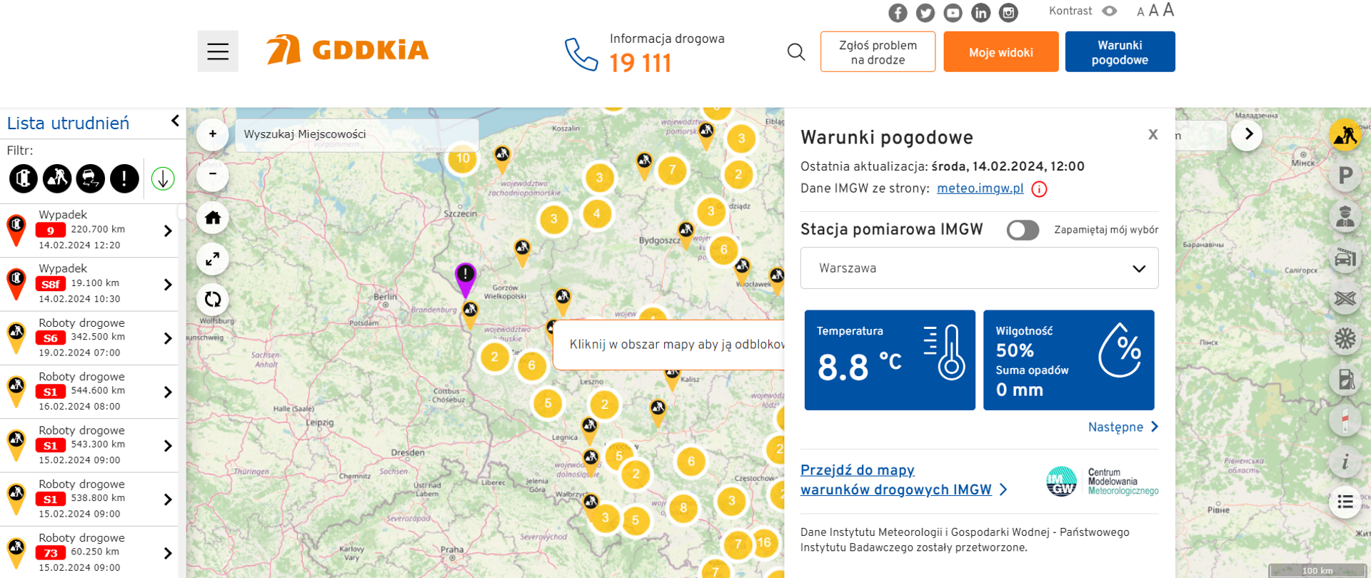 Widok na informacje pogodowe w widżecie w serwisie drogi.gddkia.gov.pl