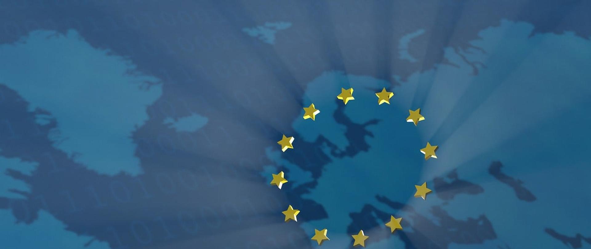Symbol Unii Europejskiej na mapie Europy z motywem cyfrowym